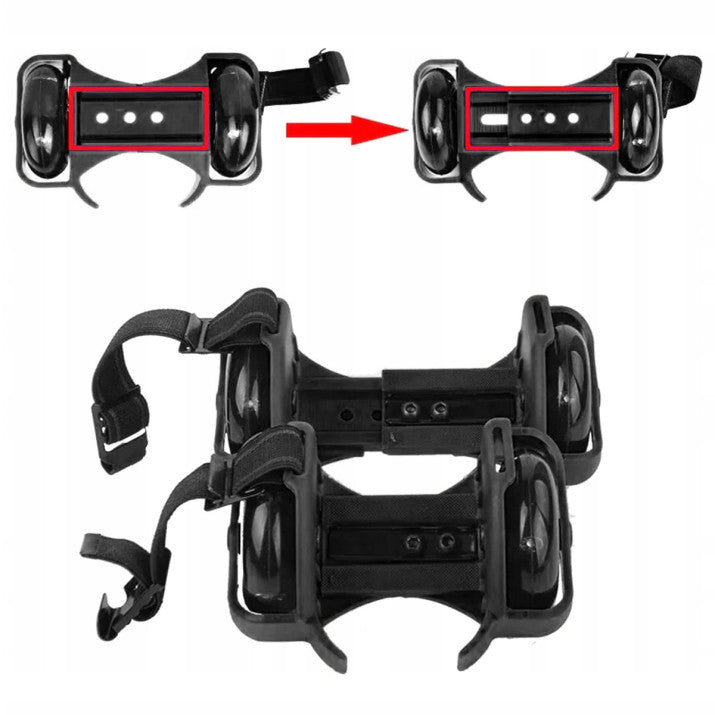 Role atasabile, Zola, roti cu 3x LED-uri colorate, fixare cu curea, pentru incaltaminte copii, marime universala, latime pantof 6-9.5cm, diametru roti 7cm, rulmenti ABEC, plastic cauciuc, negru Role atasabile, Zola, roti cu 3x LED-uri colorate, fixare cu curea, pentru incaltaminte copii, marime universala, latime pantof 6-9.5cm, diametru roti 7cm, rulmenti ABEC, plastic cauciuc, negru